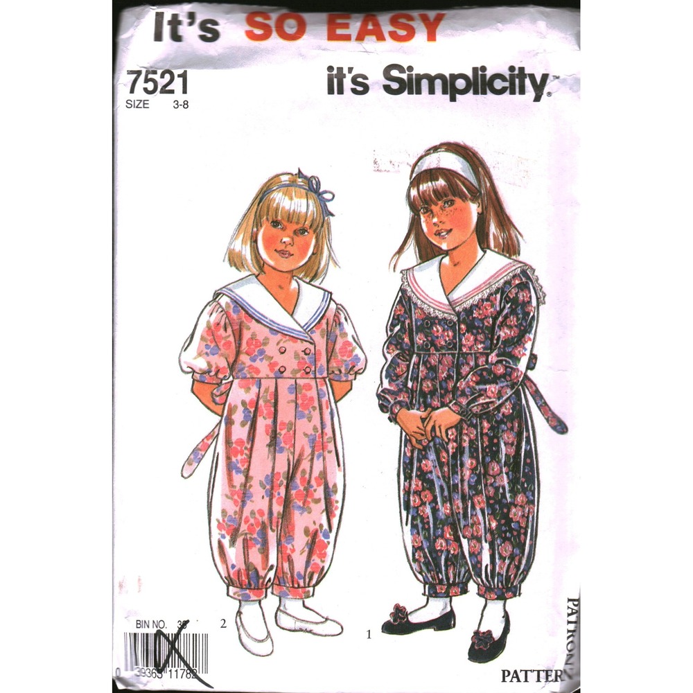 Vintage Simplicity 7521 Girls Jumpsuit Sewing Pattern Sailor Collar Size 3-8